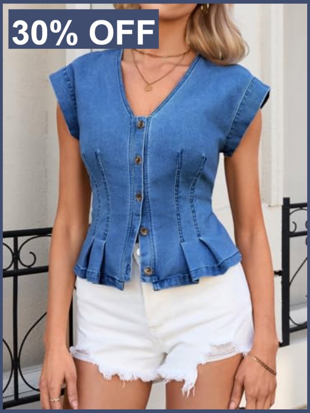 V Neck Denim Vest Top, Sleeveless Jean Vest, Pleated Hem, Casual Y2K Fitted - Picture 4 of 7